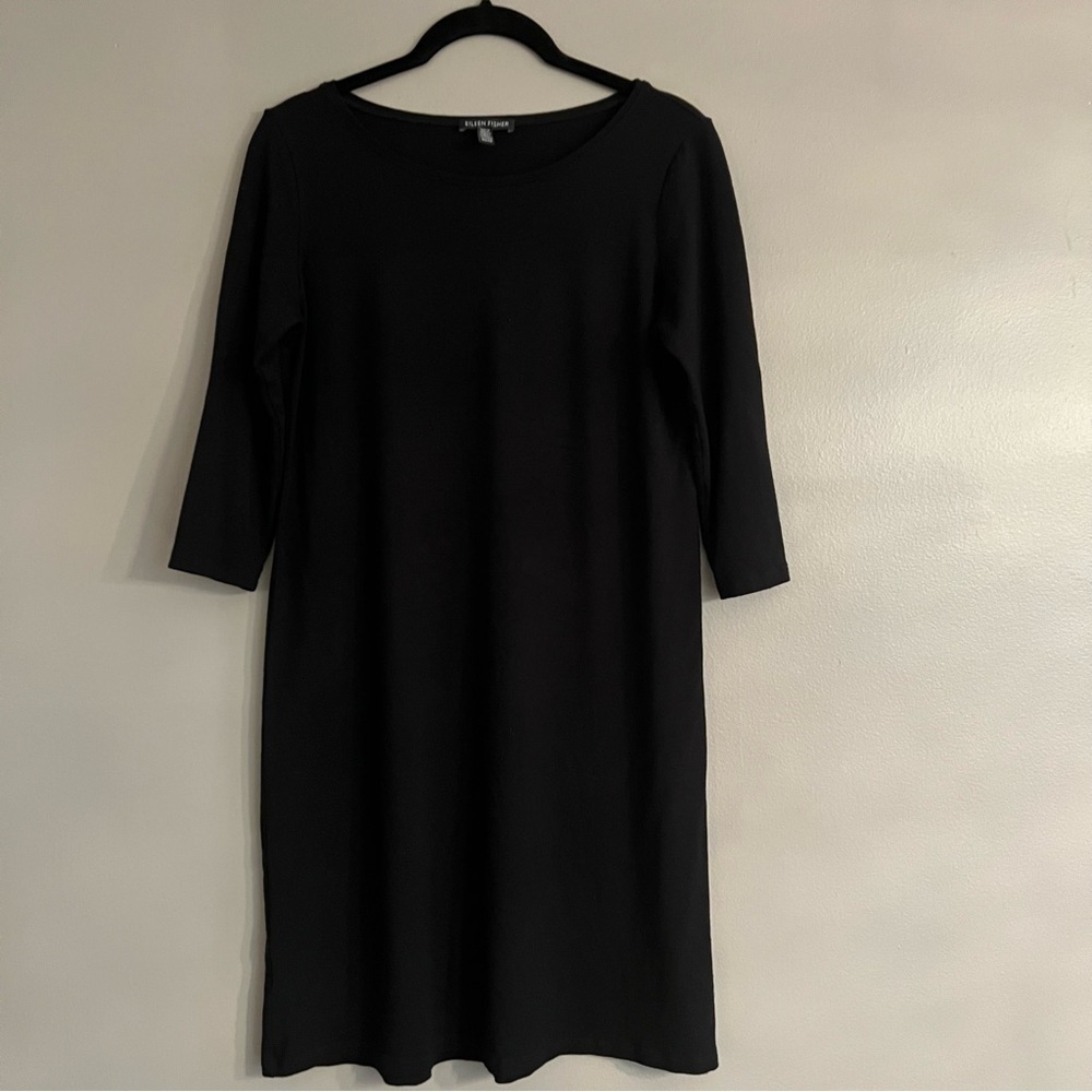 Eileen Fisher Dress XS Black 3/4 Sleeve Viscose Stretch Casual T-Shirt Dress